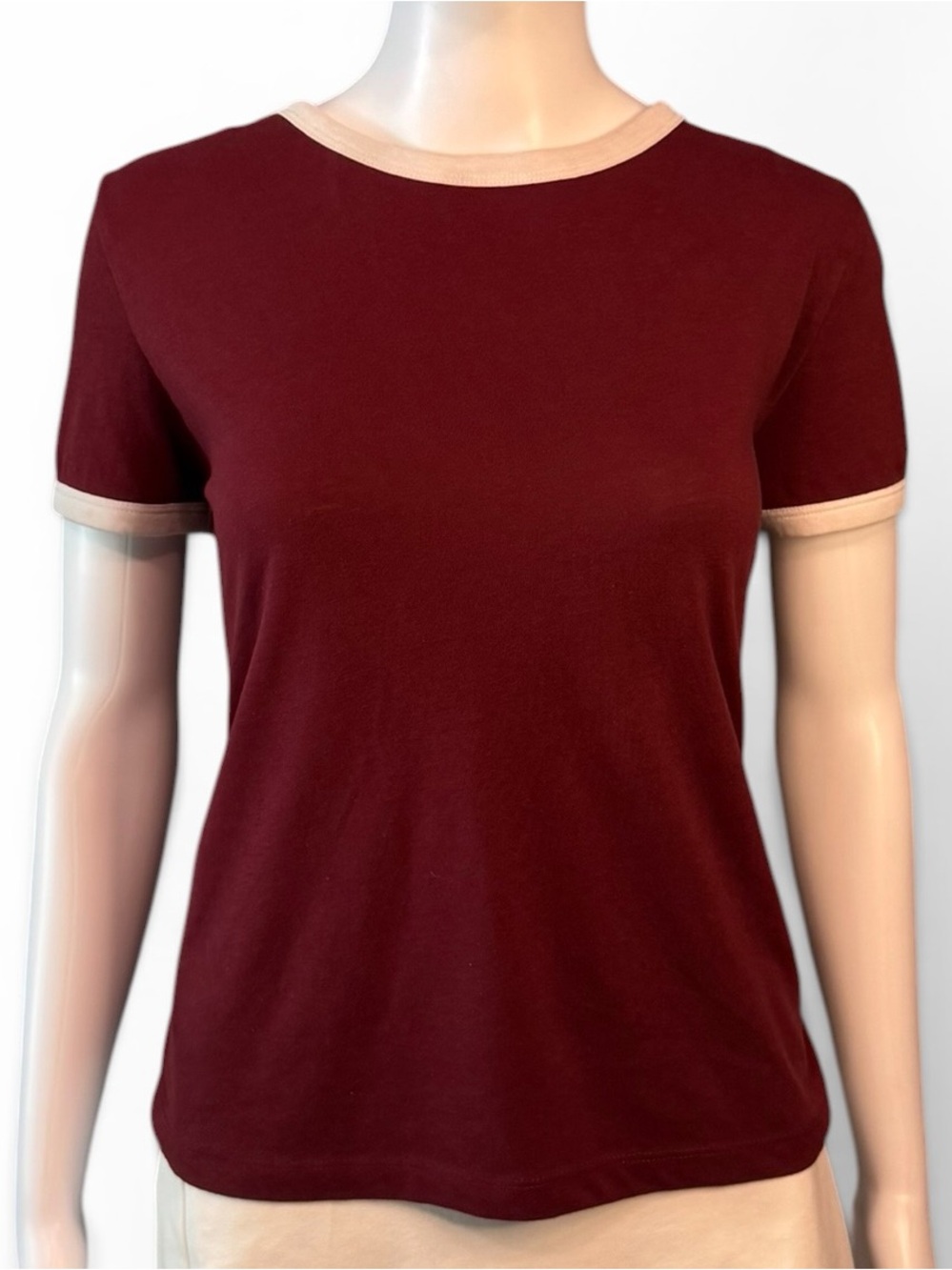 H&M Divided Maroon Ringer T-Shirt | Size Large | Cream Trim Basic Tee
